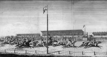 "L�futtat�s a pesti gyepen a R�kos mezej�n", 1835, Schwindt rajza az els� pesti l�versenyr�l