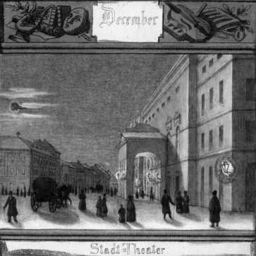 A pesti N�met Sz�nh�z az egykori Gizella (ma V�r�smarty) t�ren 1837-48 k�z�tt, M. Schwindt rajza